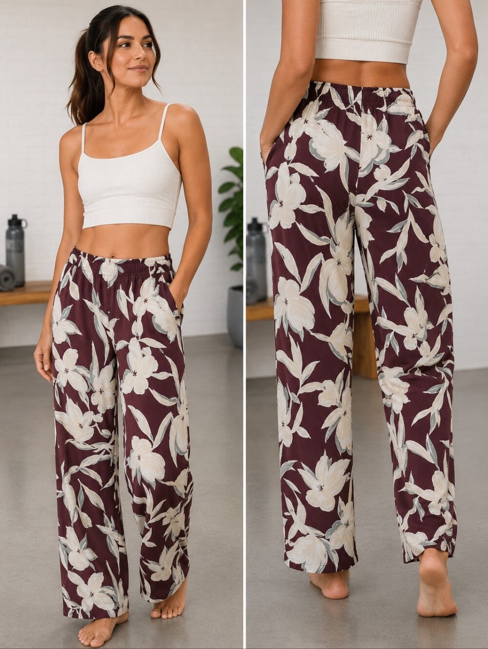 Nordstrom Rack Burgundy Floral Wide Leg Pants Size L Pull On